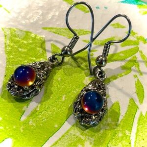 Witchy organic form silver & miniature crystal ball drop earrings